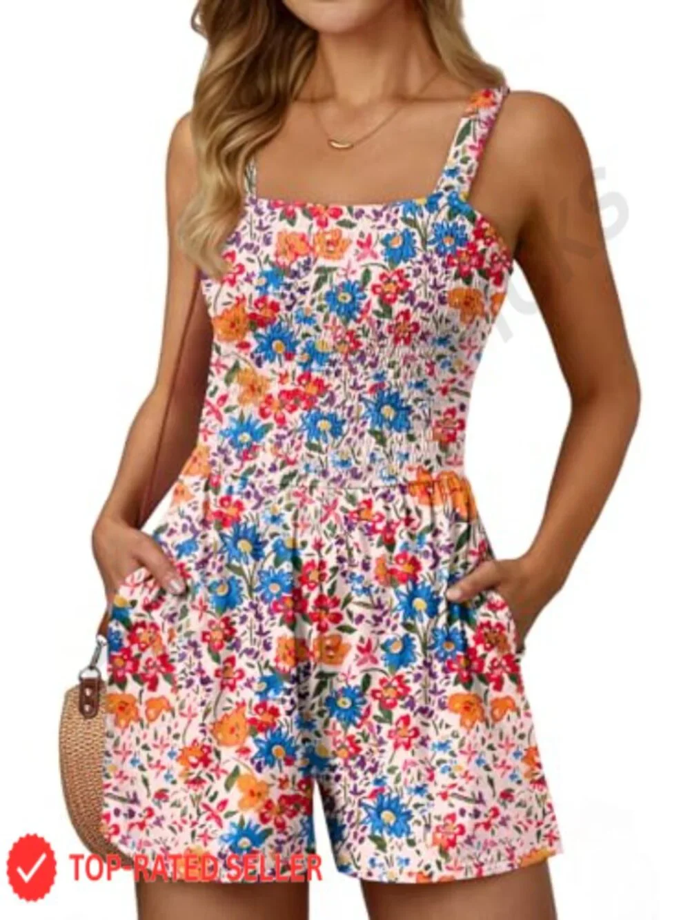 Floral Square Neck Romper Sleeveless Lightweight Polyester Spandex Beach